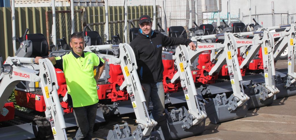 Photo: VT Group’s Tony Condello (left) and Andrew Milani with the new fleet of Takeuchi®TB210R mini excavators.