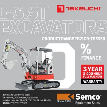 1. 0% Finance on 1-3.5T Takeuchi Excavators FY26 Semco