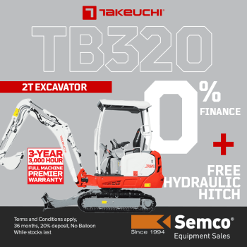4. 0% finance and Free Hydraulic Hitch on Takeuchi TB320 2T Excavator