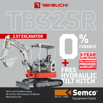 5. 0% finance and Free Hydraulic Tilt Hitch on Takeuchi TB325R 2.5T Excavator